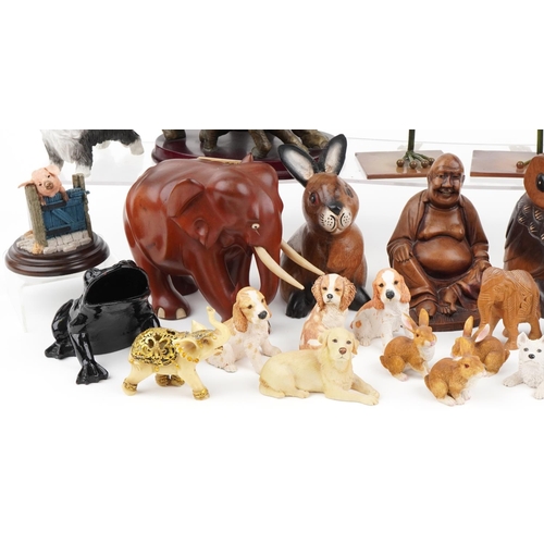 1360 - Model animals including carved hardwood elephant and two novelty frogs together with a hardwood carv... 