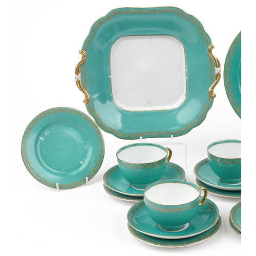 1346 - Dresden, 19th century German turquoise ground teaware with gilt floral bands, comprising six cups wi... 