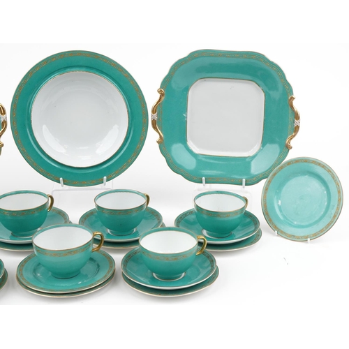 1346 - Dresden, 19th century German turquoise ground teaware with gilt floral bands, comprising six cups wi... 