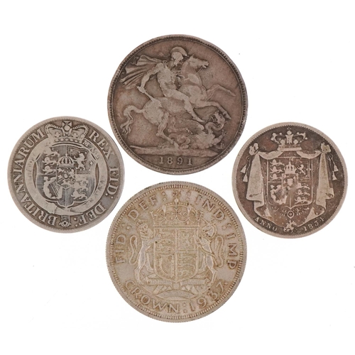 586 - George III and later British coinage comprising two crowns dates 1891 and 1937 and two half crowns d... 