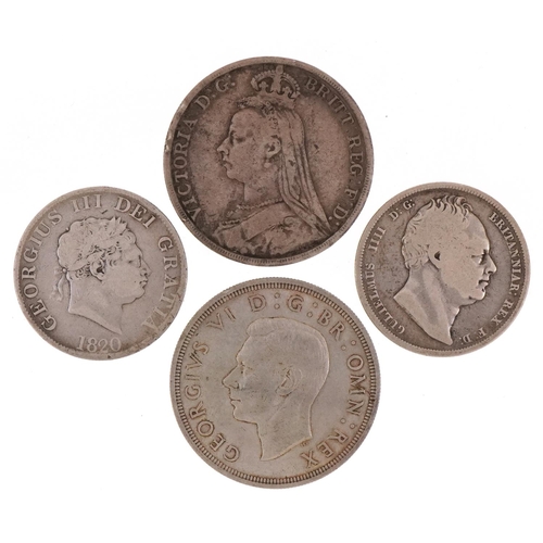 586 - George III and later British coinage comprising two crowns dates 1891 and 1937 and two half crowns d... 