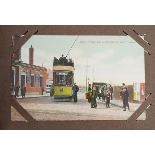 673 - Local interest and railwayana postcards arranged in an album including Eastbourne Railway Station an... 