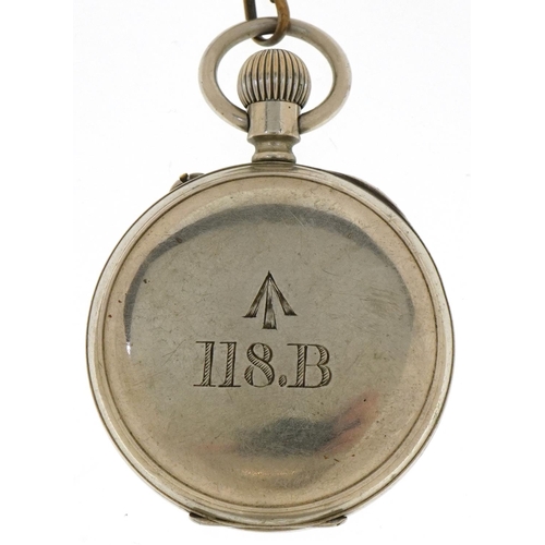 1785 - British military issue gentlemen's white metal open face keyless pocket watch having enamelled and s... 