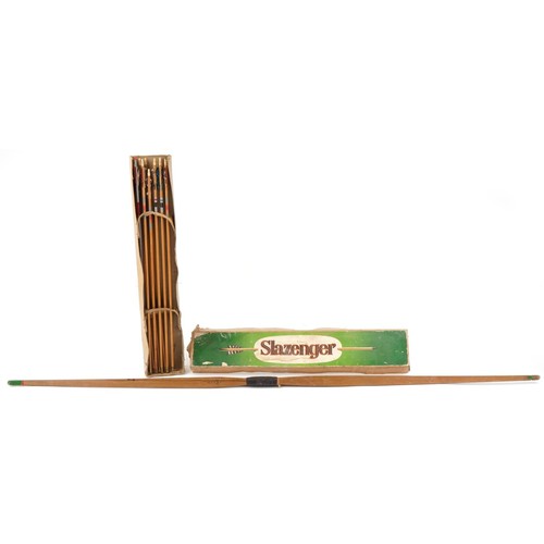 1514 - Vintage hardwood longbow and set of Slazenger arrows with box, the longbow 176cm in length