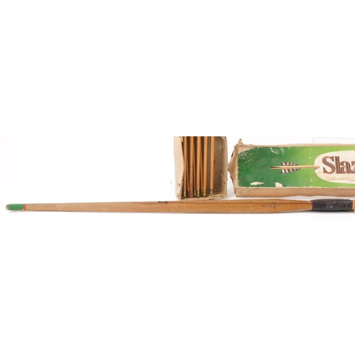 1514 - Vintage hardwood longbow and set of Slazenger arrows with box, the longbow 176cm in length