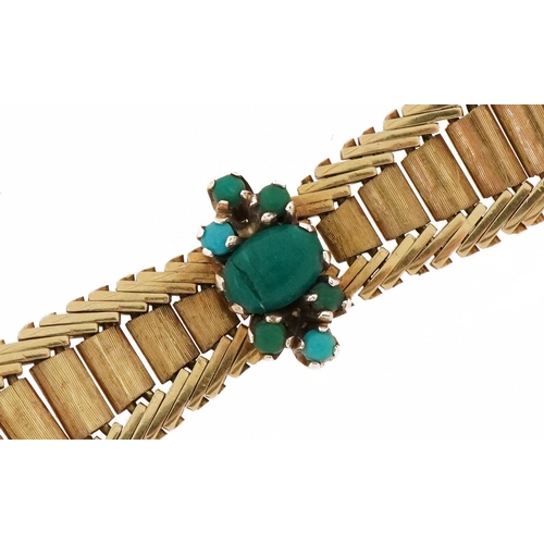 2002 - Continental 18ct gold graduated flattened link bracelet set with seven turquoise cabochons, 16cm in ... 