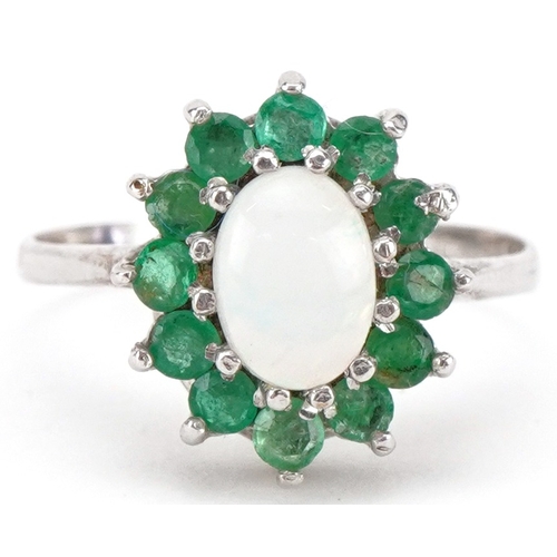 2240 - 9ct white gold cabochon opal and emerald cluster ring, size L, 2.1g