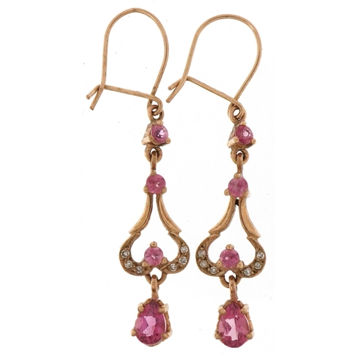 2455 - Pair of antique style unmarked gold garnet and diamond drop earrings, each 4.2cm high, total 3.0g