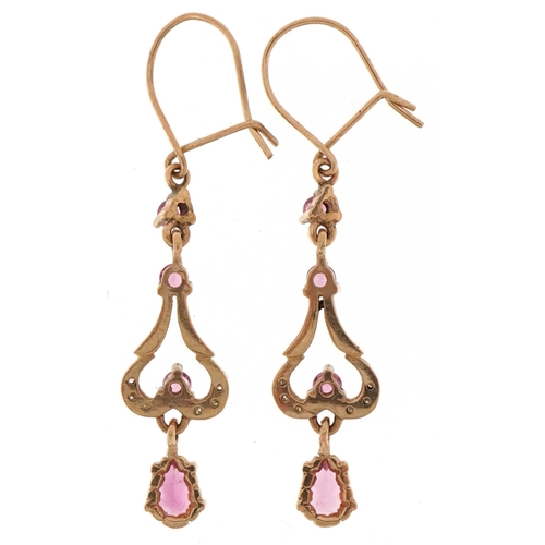 2455 - Pair of antique style unmarked gold garnet and diamond drop earrings, each 4.2cm high, total 3.0g