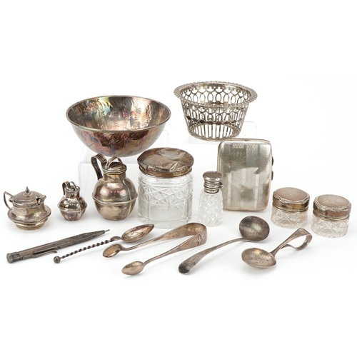 506 - Georgian and later silver including miniature Jersey cream cans, sugar tongs, silver lidded glass ja... 