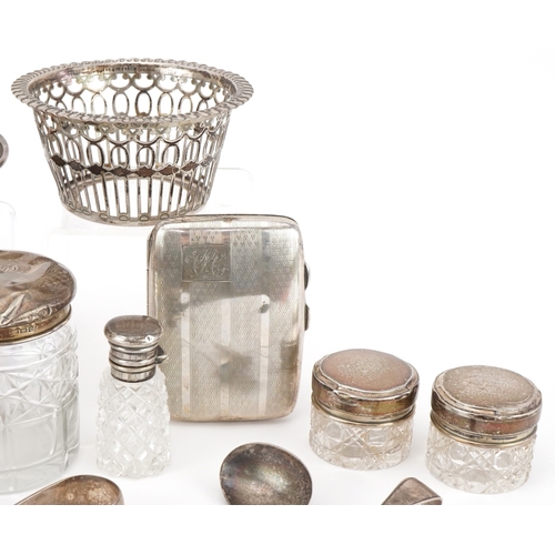 506 - Georgian and later silver including miniature Jersey cream cans, sugar tongs, silver lidded glass ja... 