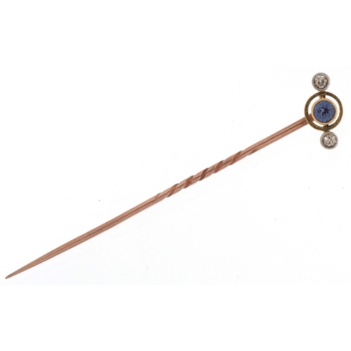 2033 - Art Deco unmarked gold diamond and sapphire three stone stickpin, 5.5cm in length, 1.2g