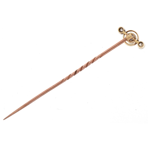 2033 - Art Deco unmarked gold diamond and sapphire three stone stickpin, 5.5cm in length, 1.2g