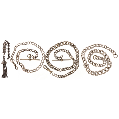 2414 - Three silver and white metal watch chains and a Victorian unmarked silver buckle design tassel, the ... 