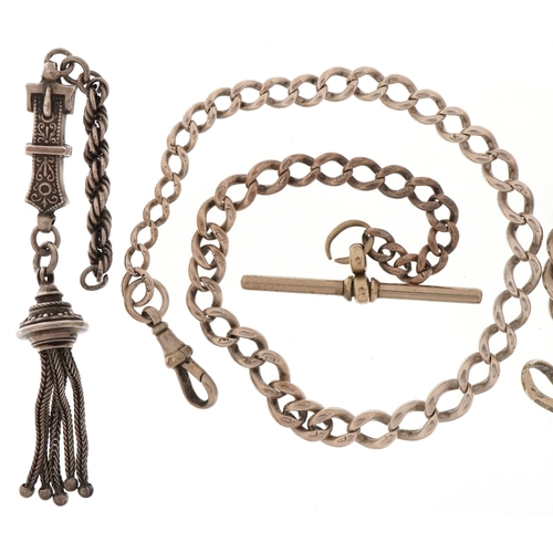 2414 - Three silver and white metal watch chains and a Victorian unmarked silver buckle design tassel, the ... 