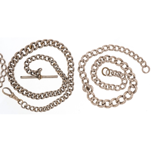 2414 - Three silver and white metal watch chains and a Victorian unmarked silver buckle design tassel, the ... 