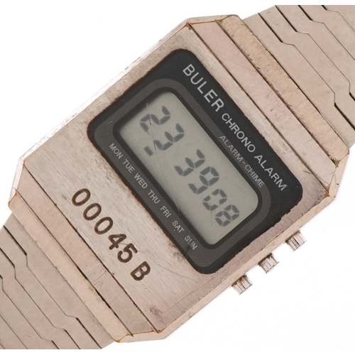 Buler, gentlemen's Buler chrono alarm digital wristwatch with box and paperwork, model SH LX132, 29mm wide