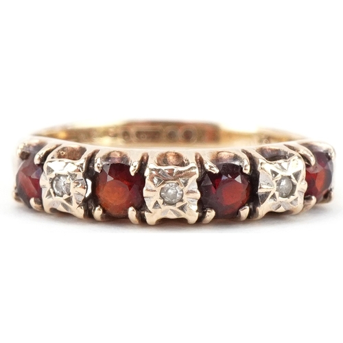 2418 - 9ct gold diamond and garnet half eternity ring, size O, 2.2g