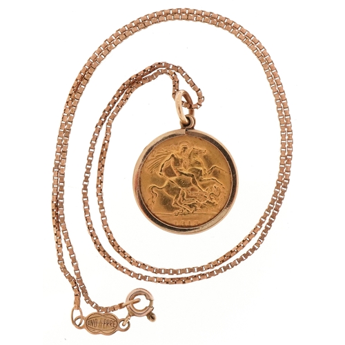 2025 - George V 1913 gold half sovereign with 9ct gold pendant mount on an Italian Unoaerre 9ct gold neckla... 