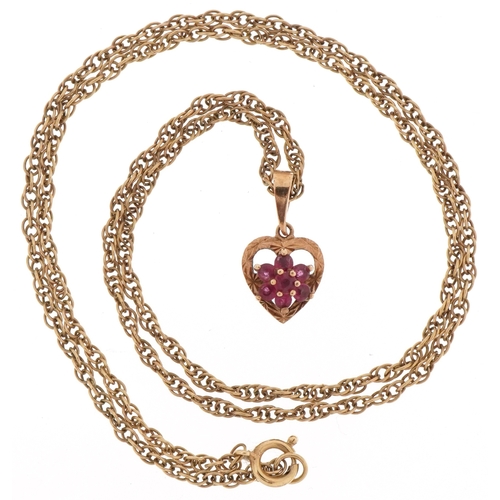 2106 - 9ct gold pink spinel pendant in the form of a love heart on a yellow metal necklace, 1.6cm high and ... 