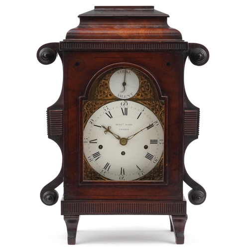 George III brass clock triple fusee movement by Benjamin Ward of London, striking on eight bells having circular enamelled dials with Roman and Arabic numerals, housed in a later inlaid mahogany clock case, 56cm high