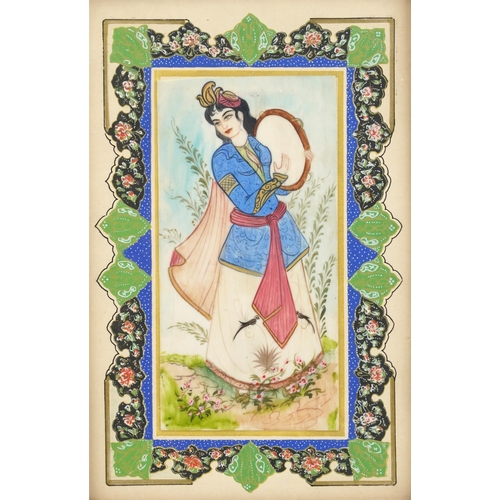 388 - Female holding a tambourine, Indian Mughal school watercolour housed in a Vizagapatam style micro mo... 