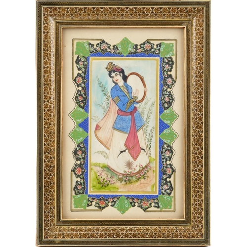 388 - Female holding a tambourine, Indian Mughal school watercolour housed in a Vizagapatam style micro mo... 