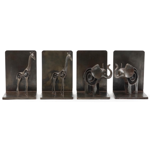 1425 - Two pairs of Modernist cast metal bronzed bookends comprising a pair with giraffes and a pair with e... 