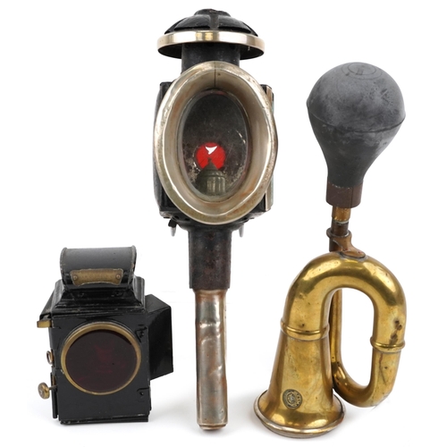 Automobilia  interest sundry items  interesting carriage lantern, pendant lantern with ceramic burner and Desmo brass car horn, the largest 41cm in length zzzz