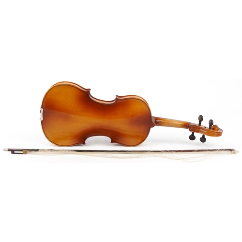 1237 - Blessing wooden violin with one piece back and rosewood bow housed in a protective case, the violin ... 