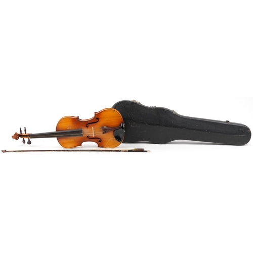 1237 - Blessing wooden violin with one piece back and rosewood bow housed in a protective case, the violin ... 