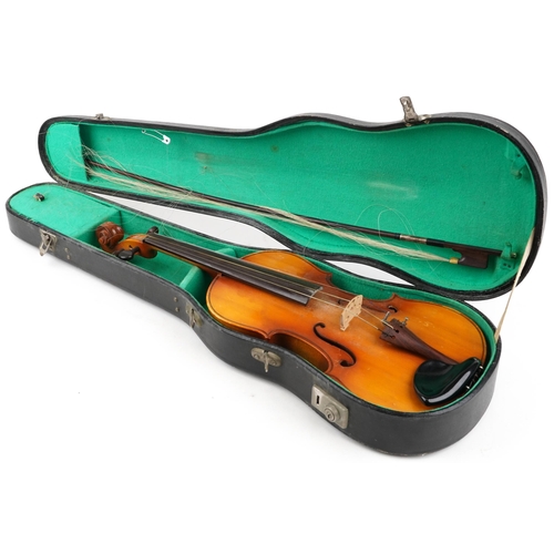 1237 - Blessing wooden violin with one piece back and rosewood bow housed in a protective case, the violin ... 