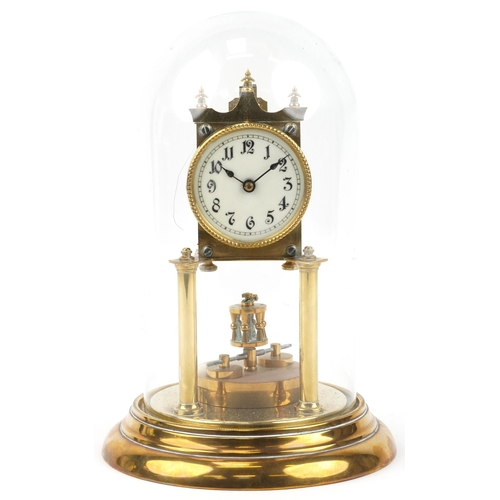 415 - Early 20th century brass anniversary clock with glass dome numbered 124588 to the back plate, 30cm h... 