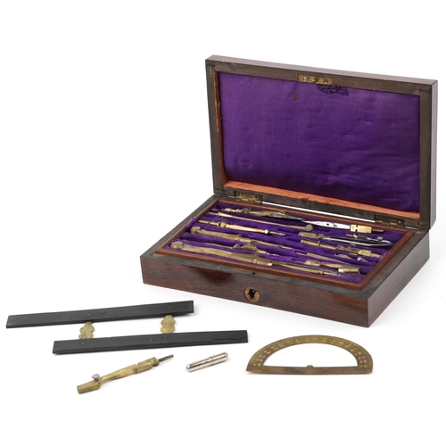 475 - Victorian brass drawing set housed in a silk and velvet lined fitted rosewood case, 21cm wide