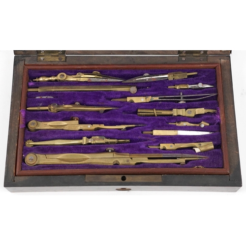 475 - Victorian brass drawing set housed in a silk and velvet lined fitted rosewood case, 21cm wide