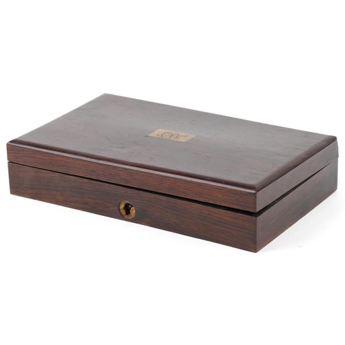 475 - Victorian brass drawing set housed in a silk and velvet lined fitted rosewood case, 21cm wide