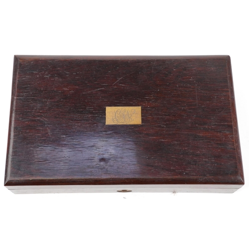 475 - Victorian brass drawing set housed in a silk and velvet lined fitted rosewood case, 21cm wide