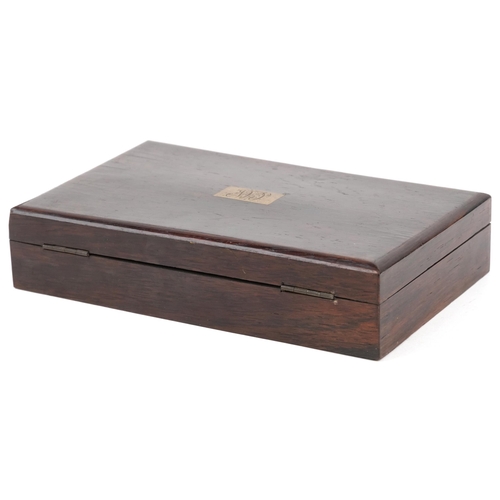 475 - Victorian brass drawing set housed in a silk and velvet lined fitted rosewood case, 21cm wide
