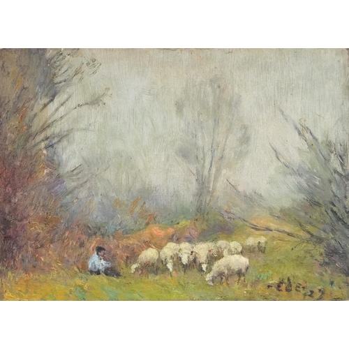 172 - Flock of sheep with figure, Impressionist oil on wood panel, bearing an indistinct signature, unfram... 