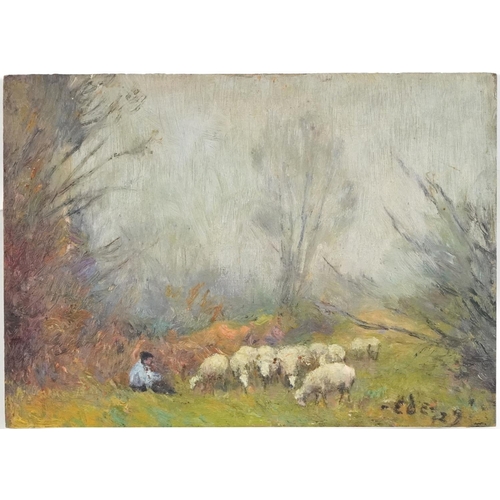 172 - Flock of sheep with figure, Impressionist oil on wood panel, bearing an indistinct signature, unfram... 