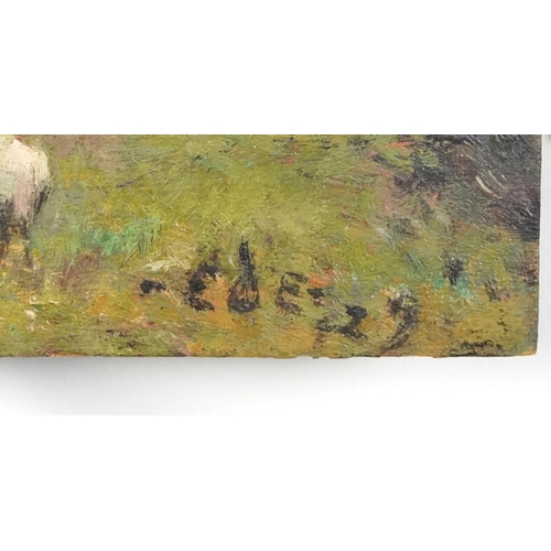 172 - Flock of sheep with figure, Impressionist oil on wood panel, bearing an indistinct signature, unfram... 