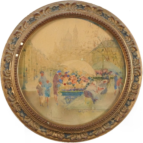 495 - L Acoquat - Continental market scene, early 20th century circular pencil and watercolour, inscribed ... 