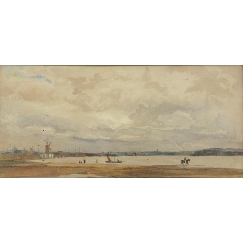 1287 - Panoramic coastal scene with boats and windmills, 19th/early 20th century watercolour, framed and gl... 