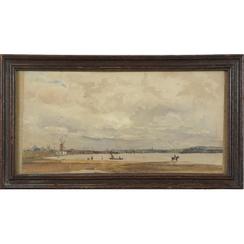 1287 - Panoramic coastal scene with boats and windmills, 19th/early 20th century watercolour, framed and gl... 