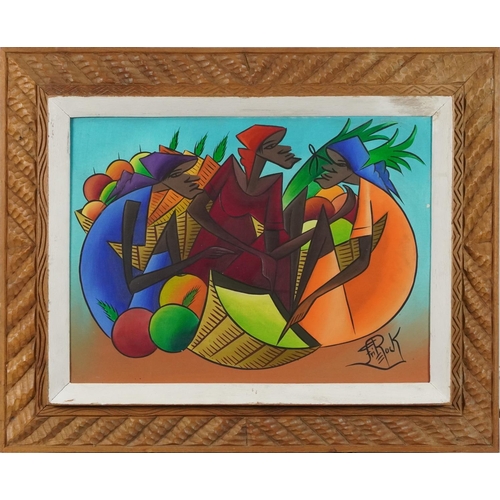 405 - Fitz Rock - Orange pickers, Haitian school oil on canvas, mounted and framed, 39cm x 28.5cm excludin... 