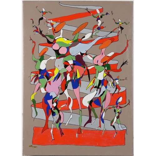 282 - Harlequin dancers, surreal school on canvas, bearing an indistinct signature, unframed, 70.5cm x 50.... 