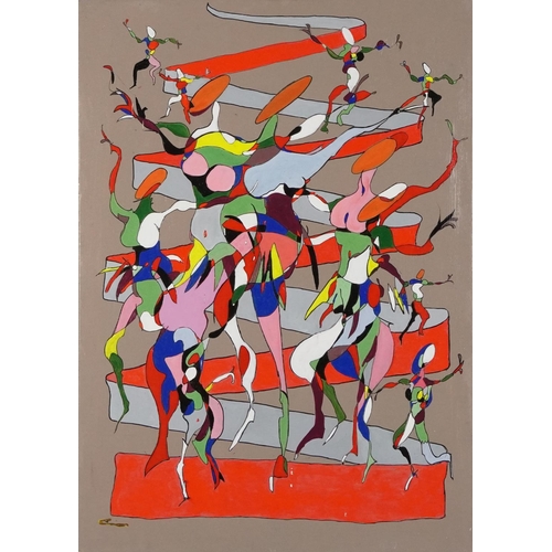 282 - Harlequin dancers, surreal school on canvas, bearing an indistinct signature, unframed, 70.5cm x 50.... 