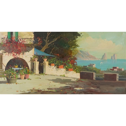 Italian villa and coastline Capri,  Impressionist oil on canvas, bearing an indistinct signature, in a contemporary frame, 101cm x 49cm excluding the frame