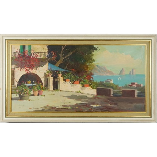 108 - Italian villa and coastline Capri,  Impressionist oil on canvas, bearing an indistinct signature, in... 