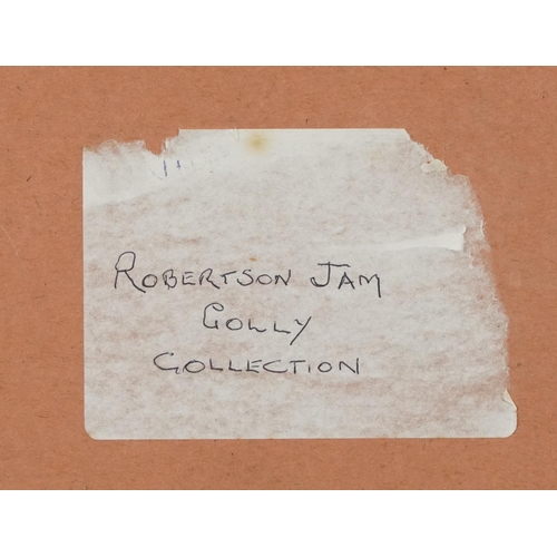 683D - Collection of vintage Robinsons Golden Shred jam advertising stickers housed in a glazed display, ov... 